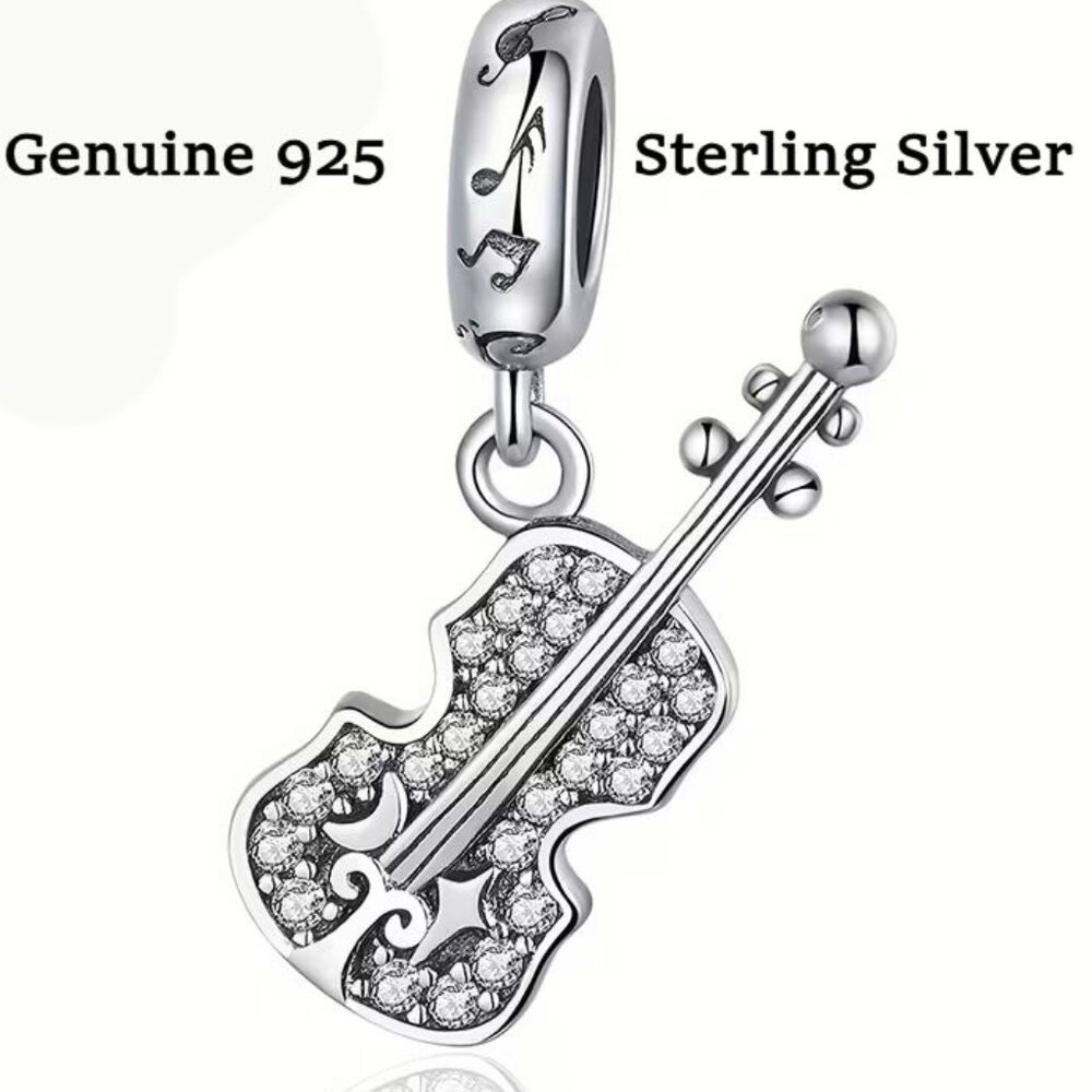 Sterling Silver Violin Charm with Clear Czs
